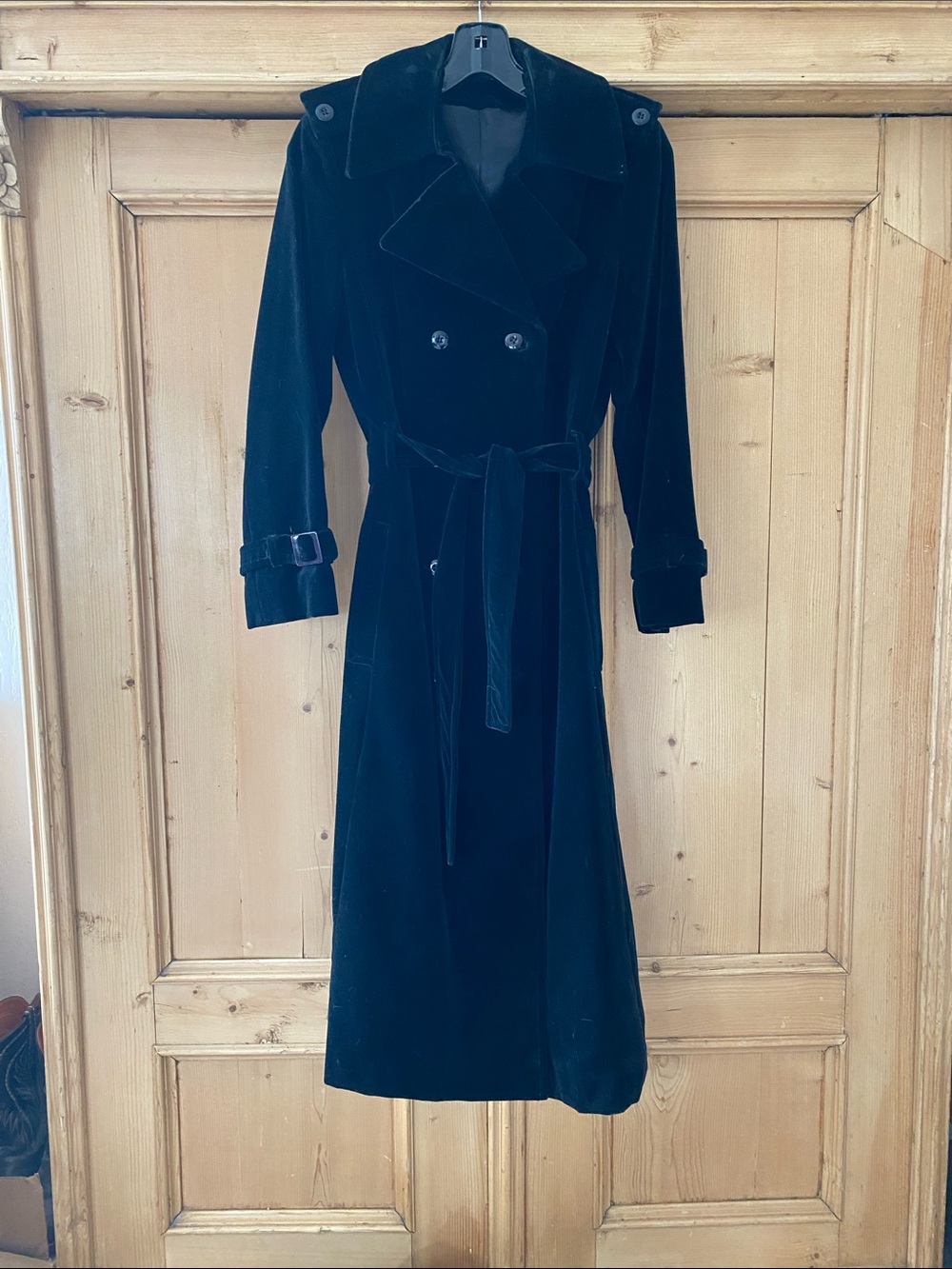 Classic Black Velvet Trench Coat with Self-Tie Belt